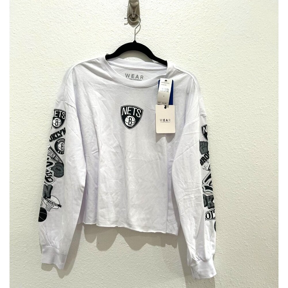 NEW Wear by Erin Andrews Brooklyn Nets Women's Long Sleeve Crop T-Shirt Oversize